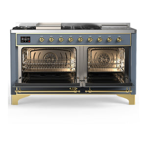 ILVE Majestic III 60-Inch Dual Fuel Range with 7 Sealed Burners + Griddle + French Top, 5.8 cu. ft. Oven, Blue Grey with Brass Trim, Liquid Propane, Solid Door, UM60FSQNR3BGGLP