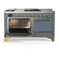 ILVE Majestic III 60-Inch Dual Fuel Range with 7 Sealed Burners + Griddle + French Top, 5.8 cu. ft. Oven, Blue Grey with Brass Trim, Liquid Propane, Solid Door, UM60FSQNR3BGGLP