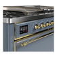 ILVE Majestic III 60-Inch Dual Fuel Range with 7 Sealed Burners + Griddle + French Top, 5.8 cu. ft. Oven, Blue Grey with Brass Trim, Liquid Propane, Solid Door, UM60FSQNR3BGGLP