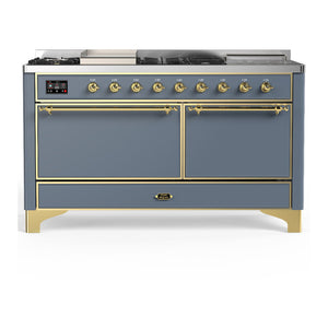 ILVE Majestic III 60-Inch Dual Fuel Range with 7 Sealed Burners + Griddle + French Top, 5.8 cu. ft. Oven, Blue Grey with Brass Trim, Liquid Propane, Solid Door, UM60FSQNR3BGGLP