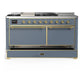 ILVE Majestic III 60-Inch Dual Fuel Range with 7 Sealed Burners + Griddle + French Top, 5.8 cu. ft. Oven, Blue Grey with Brass Trim, Natural Gas, Solid Door, UM60FSQNR3BGG