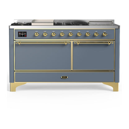 ILVE Majestic III 60-Inch Dual Fuel Range with 7 Sealed Burners + Griddle + French Top, 5.8 cu. ft. Oven, Blue Grey with Brass Trim, Natural Gas, Solid Door, UM60FSQNR3BGG