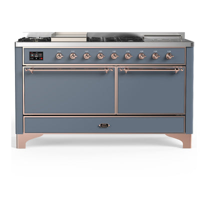 ILVE Majestic III 60-Inch Dual Fuel Range with 7 Sealed Burners + Griddle + French Top, 5.8 cu. ft. Oven, Blue Grey with Copper Trim, Liquid Propane, Solid Door, UM60FSQNR3BGPLP