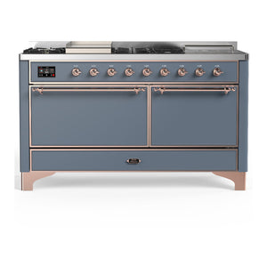 ILVE Majestic III 60-Inch Dual Fuel Range with 7 Sealed Burners + Griddle + French Top, 5.8 cu. ft. Oven, Blue Grey with Copper Trim, Natural Gas, Solid Door, UM60FSQNR3BGP