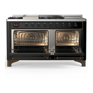ILVE Majestic III 60-Inch Dual Fuel Range with 7 Sealed Burners + Griddle + French Top, 5.8 cu. ft. Oven, Glossy Black with Burnished Trim, Liquid Propane, Solid Door, UM60FSQNR3BKBLP