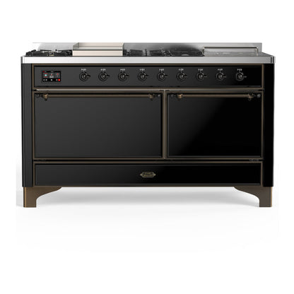 ILVE Majestic III 60-Inch Dual Fuel Range with 7 Sealed Burners + Griddle + French Top, 5.8 cu. ft. Oven, Glossy Black with Burnished Trim, Liquid Propane, Solid Door, UM60FSQNR3BKBLP