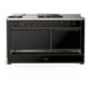 ILVE Majestic III 60-Inch Dual Fuel Range with 7 Sealed Burners + Griddle + French Top, 5.8 cu. ft. Oven, Glossy Black with Burnished Trim, Natural Gas, Solid Door, UM60FSQNR3BKB