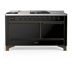 ILVE Majestic III 60-Inch Dual Fuel Range with 7 Sealed Burners + Griddle + French Top, 5.8 cu. ft. Oven, Glossy Black with Burnished Trim, Natural Gas, Solid Door, UM60FSQNR3BKB