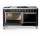 ILVE Majestic III 60-Inch Dual Fuel Range with 7 Sealed Burners + Griddle + French Top, 5.8 cu. ft. Oven, Glossy Black with Chrome Trim, Liquid Propane, Solid Door, UM60FSQNR3BKCLP