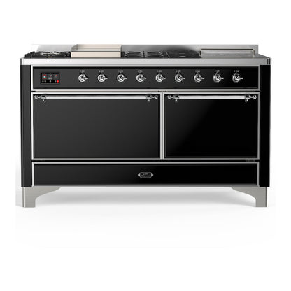 ILVE Majestic III 60-Inch Dual Fuel Range with 7 Sealed Burners + Griddle + French Top, 5.8 cu. ft. Oven, Glossy Black with Chrome Trim, Liquid Propane, Solid Door, UM60FSQNR3BKCLP