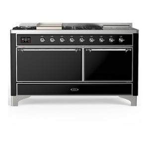 ILVE Majestic III 60-Inch Dual Fuel Range with 7 Sealed Burners + Griddle + French Top, 5.8 cu. ft. Oven, Glossy Black with Chrome Trim, Natural Gas, Solid Door, UM60FSQNR3BKC