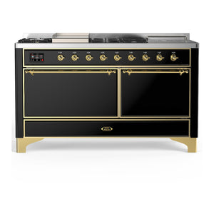 ILVE Majestic III 60-Inch Dual Fuel Range with 7 Sealed Burners + Griddle + French Top, 5.8 cu. ft. Oven, Glossy Black with Brass Trim, Liquid Propane, Solid Door, UM60FSQNR3BKGLP