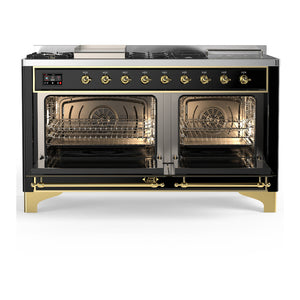 ILVE Majestic III 60-Inch Dual Fuel Range with 7 Sealed Burners + Griddle + French Top, 5.8 cu. ft. Oven, Glossy Black with Brass Trim, Liquid Propane, Solid Door, UM60FSQNR3BKGLP