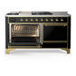 ILVE Majestic III 60-Inch Dual Fuel Range with 7 Sealed Burners + Griddle + French Top, 5.8 cu. ft. Oven, Glossy Black with Brass Trim, Liquid Propane, Solid Door, UM60FSQNR3BKGLP