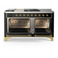 ILVE Majestic III 60-Inch Dual Fuel Range with 7 Sealed Burners + Griddle + French Top, 5.8 cu. ft. Oven, Glossy Black with Brass Trim, Natural Gas, Solid Door, UM60FSQNR3BKG