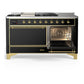 ILVE Majestic III 60-Inch Dual Fuel Range with 7 Sealed Burners + Griddle + French Top, 5.8 cu. ft. Oven, Glossy Black with Brass Trim, Natural Gas, Solid Door, UM60FSQNR3BKG