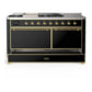 ILVE Majestic III 60-Inch Dual Fuel Range with 7 Sealed Burners + Griddle + French Top, 5.8 cu. ft. Oven, Glossy Black with Brass Trim, Natural Gas, Solid Door, UM60FSQNR3BKG