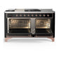 ILVE Majestic III 60-Inch Dual Fuel Range with 7 Sealed Burners + Griddle + French Top, 5.8 cu. ft. Oven, Glossy Black with Copper Trim, Liquid Propane, Solid Door, UM60FSQNR3BKPLP