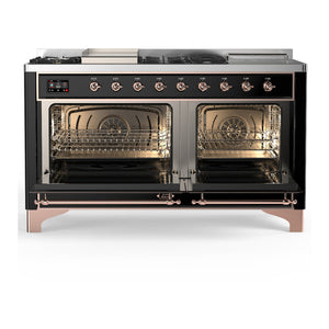 ILVE Majestic III 60-Inch Dual Fuel Range with 7 Sealed Burners + Griddle + French Top, 5.8 cu. ft. Oven, Glossy Black with Copper Trim, Liquid Propane, Solid Door, UM60FSQNR3BKPLP