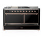 ILVE Majestic III 60-Inch Dual Fuel Range with 7 Sealed Burners + Griddle + French Top, 5.8 cu. ft. Oven, Glossy Black with Copper Trim, Liquid Propane, Solid Door, UM60FSQNR3BKPLP