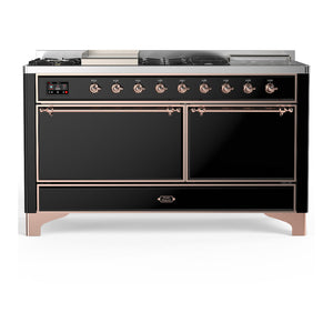 ILVE Majestic III 60-Inch Dual Fuel Range with 7 Sealed Burners + Griddle + French Top, 5.8 cu. ft. Oven, Glossy Black with Copper Trim, Liquid Propane, Solid Door, UM60FSQNR3BKPLP