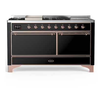 ILVE Majestic III 60-Inch Dual Fuel Range with 7 Sealed Burners + Griddle + French Top, 5.8 cu. ft. Oven, Glossy Black with Copper Trim, Liquid Propane, Solid Door, UM60FSQNR3BKPLP