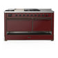 ILVE Majestic III 60-Inch Dual Fuel Range with 7 Sealed Burners + Griddle + French Top, 5.8 cu. ft. Oven, Burgundy with Burnished Trim, Liquid Propane, Solid Door, UM60FSQNR3BUBLP