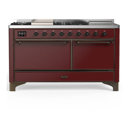 ILVE Majestic III 60-Inch Dual Fuel Range with 7 Sealed Burners + Griddle + French Top, 5.8 cu. ft. Oven, Burgundy with Burnished Trim, Liquid Propane, Solid Door, UM60FSQNR3BUBLP