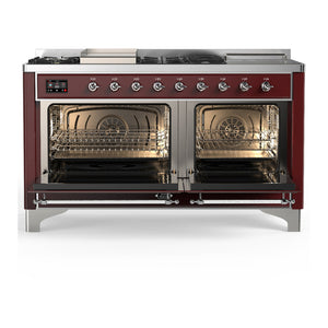ILVE Majestic III 60-Inch Dual Fuel Range with 7 Sealed Burners + Griddle + French Top, 5.8 cu. ft. Oven, Burgundy with Chrome Trim, Natural Gas, Solid Door, UM60FSQNR3BUC