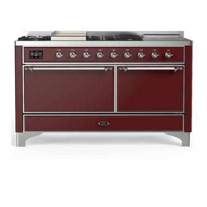 ILVE Majestic III 60-Inch Dual Fuel Range with 7 Sealed Burners + Griddle + French Top, 5.8 cu. ft. Oven, Burgundy with Chrome Trim, Natural Gas, Solid Door, UM60FSQNR3BUC
