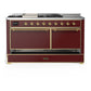 ILVE Majestic III 60-Inch Dual Fuel Range with 7 Sealed Burners + Griddle + French Top, 5.8 cu. ft. Oven, Burgundy with Brass Trim, Liquid Propane, Solid Door, UM60FSQNR3BUGLP