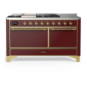 ILVE Majestic III 60-Inch Dual Fuel Range with 7 Sealed Burners + Griddle + French Top, 5.8 cu. ft. Oven, Burgundy with Brass Trim, Natural Gas, Solid Door, UM60FSQNR3BUG