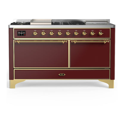 ILVE Majestic III 60-Inch Dual Fuel Range with 7 Sealed Burners + Griddle + French Top, 5.8 cu. ft. Oven, Burgundy with Brass Trim, Natural Gas, Solid Door, UM60FSQNR3BUG