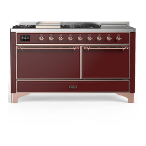 ILVE Majestic III 60-Inch Dual Fuel Range with 7 Sealed Burners + Griddle + French Top, 5.8 cu. ft. Oven, Burgundy with Copper Trim, Liquid Propane, Solid Door, UM60FSQNR3BUPLP