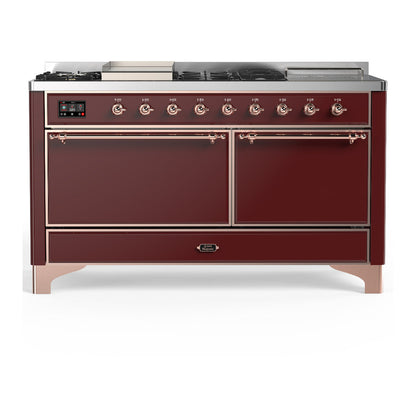 ILVE Majestic III 60-Inch Dual Fuel Range with 7 Sealed Burners + Griddle + French Top, 5.8 cu. ft. Oven, Burgundy with Copper Trim, Liquid Propane, Solid Door, UM60FSQNR3BUPLP