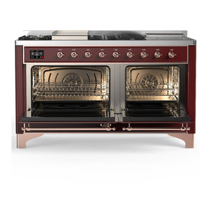 ILVE Majestic III 60-Inch Dual Fuel Range with 7 Sealed Burners + Griddle + French Top, 5.8 cu. ft. Oven, Burgundy with Copper Trim, Natural Gas, Solid Door, UM60FSQNR3BUP