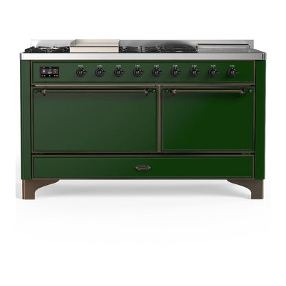 ILVE Majestic III 60-Inch Dual Fuel Range with 7 Sealed Burners + Griddle + French Top, 5.8 cu. ft. Oven, Emerald Green with Burnished Trim, Liquid Propane, Solid Door, UM60FSQNR3EGBLP