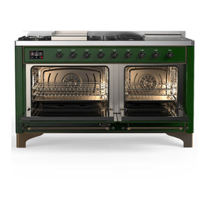 ILVE Majestic III 60-Inch Dual Fuel Range with 7 Sealed Burners + Griddle + French Top, 5.8 cu. ft. Oven, Emerald Green with Burnished Trim, Natural Gas, Solid Door, UM60FSQNR3EGB