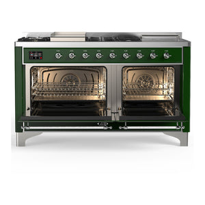 ILVE Majestic III 60-Inch Dual Fuel Range with 7 Sealed Burners + Griddle + French Top, 5.8 cu. ft. Oven, Emerald Green with Chrome Trim, Liquid Propane, Solid Door, UM60FSQNR3EGCLP