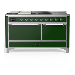 ILVE Majestic III 60-Inch Dual Fuel Range with 7 Sealed Burners + Griddle + French Top, 5.8 cu. ft. Oven, Emerald Green with Chrome Trim, Liquid Propane, Solid Door, UM60FSQNR3EGCLP