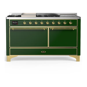 ILVE Majestic III 60-Inch Dual Fuel Range with 7 Sealed Burners + Griddle + French Top, 5.8 cu. ft. Oven, Emerald Green with Brass Trim, Liquid Propane, Solid Door, UM60FSQNR3EGGLP