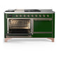 ILVE Majestic III 60-Inch Dual Fuel Range with 7 Sealed Burners + Griddle + French Top, 5.8 cu. ft. Oven, Emerald Green with Copper Trim, Liquid Propane, Solid Door, UM60FSQNR3EGPLP