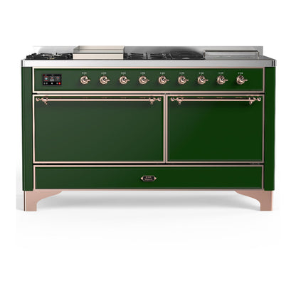 ILVE Majestic III 60-Inch Dual Fuel Range with 7 Sealed Burners + Griddle + French Top, 5.8 cu. ft. Oven, Emerald Green with Copper Trim, Liquid Propane, Solid Door, UM60FSQNR3EGPLP