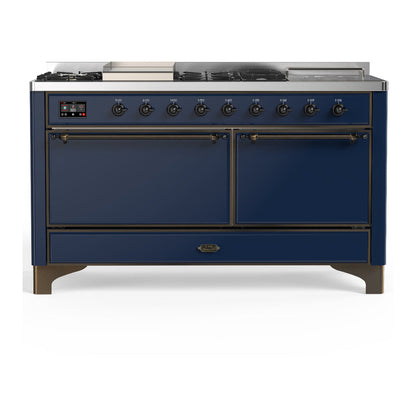 ILVE Majestic III 60-Inch Dual Fuel Range with 7 Sealed Burners + Griddle + French Top, 5.8 cu. ft. Oven, Mightnight Blue with Burnished Trim, Liquid Propane, Solid Door, UM60FSQNR3MBBLP
