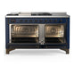 ILVE Majestic III 60-Inch Dual Fuel Range with 7 Sealed Burners + Griddle + French Top, 5.8 cu. ft. Oven, Mightnight Blue with Burnished Trim, Natural Gas, Solid Door, UM60FSQNR3MBB