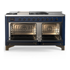 ILVE Majestic III 60-Inch Dual Fuel Range with 7 Sealed Burners + Griddle + French Top, 5.8 cu. ft. Oven, Mightnight Blue with Burnished Trim, Natural Gas, Solid Door, UM60FSQNR3MBB