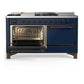 ILVE Majestic III 60-Inch Dual Fuel Range with 7 Sealed Burners + Griddle + French Top, 5.8 cu. ft. Oven, Mightnight Blue with Burnished Trim, Natural Gas, Solid Door, UM60FSQNR3MBB