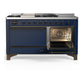 ILVE Majestic III 60-Inch Dual Fuel Range with 7 Sealed Burners + Griddle + French Top, 5.8 cu. ft. Oven, Mightnight Blue with Burnished Trim, Natural Gas, Solid Door, UM60FSQNR3MBB