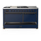 ILVE Majestic III 60-Inch Dual Fuel Range with 7 Sealed Burners + Griddle + French Top, 5.8 cu. ft. Oven, Mightnight Blue with Burnished Trim, Natural Gas, Solid Door, UM60FSQNR3MBB