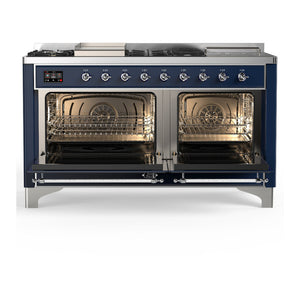 ILVE Majestic III 60-Inch Dual Fuel Range with 7 Sealed Burners + Griddle + French Top, 5.8 cu. ft. Oven, Mightnight Blue with Chrome Trim, Liquid Propane, Solid Door, UM60FSQNR3MBCLP
